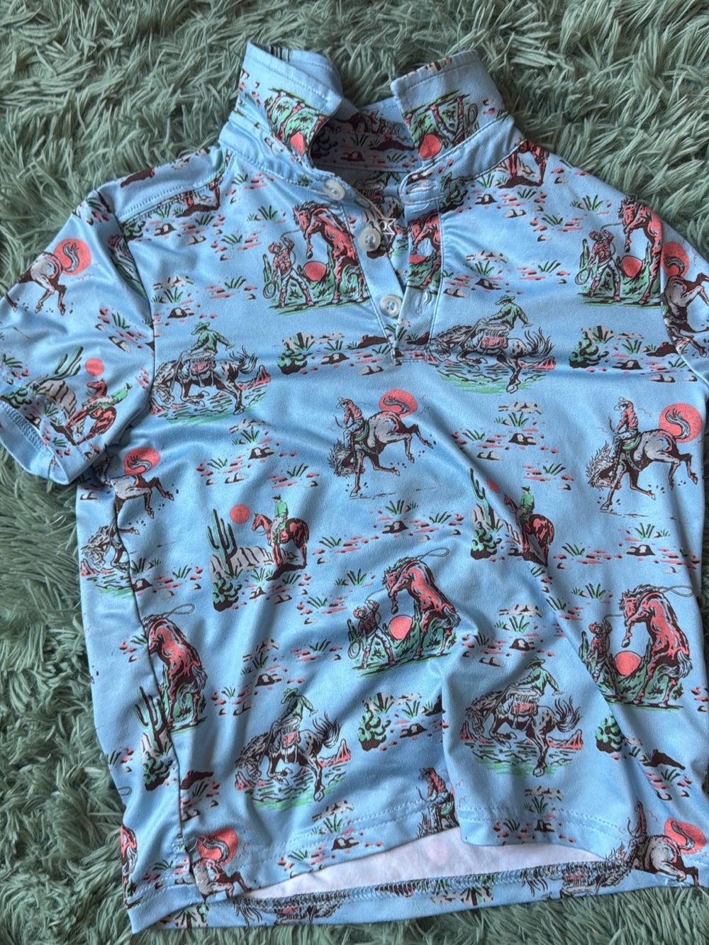 BURLEBO Light Blue Cowboy Print Polo - size XS